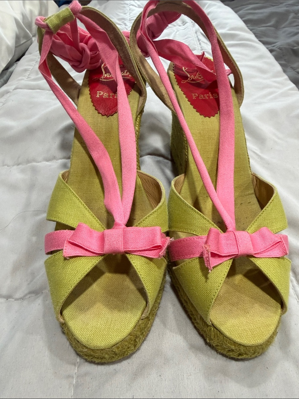 Christian Louboutin Green and Pink Espadrille Wedge Sandals